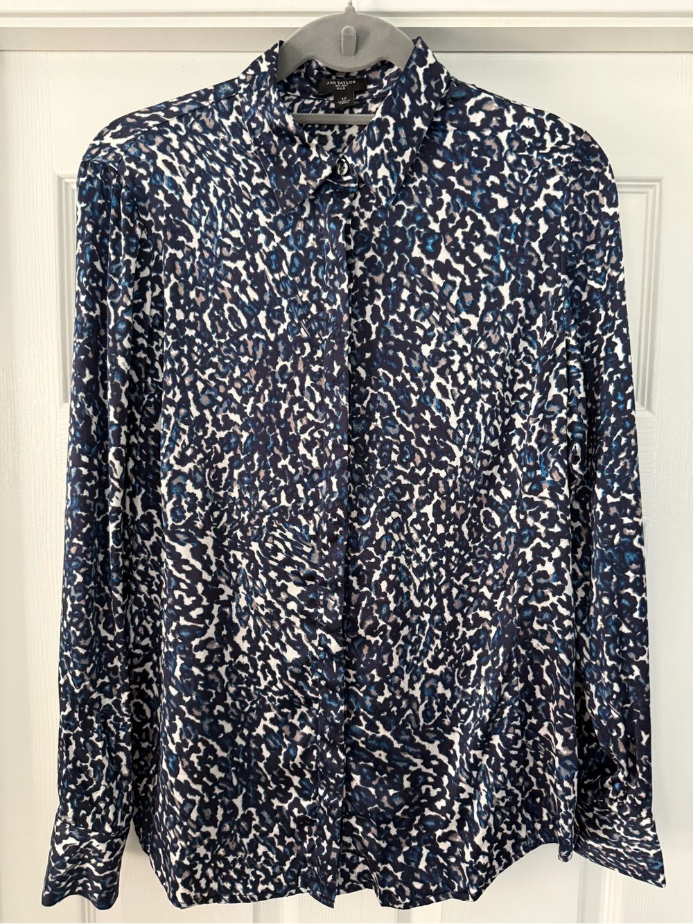 Ann Taylor Button-Front Navy Abstract Leopard Print Long-Sleeve top - 12